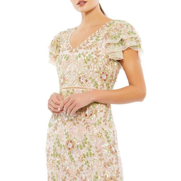 Mac Duggal Formal Embellished Beaded Cap Sleeve Long Gown Nude Size 14 NWT - Picture 2 of 11